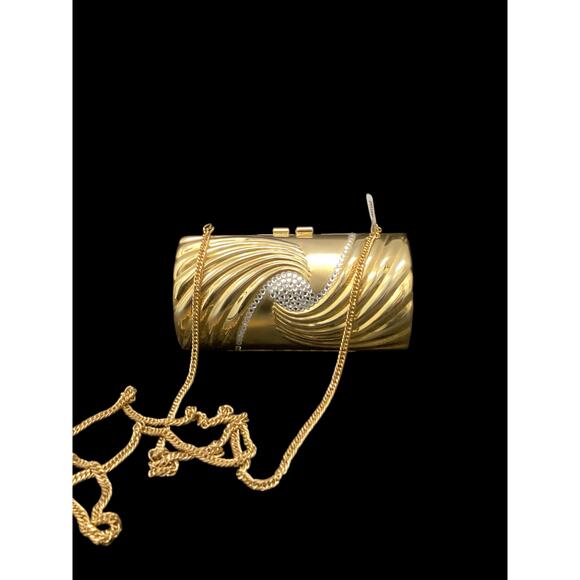 Great Women’s Evening Metal Cylinder Shoulder Bag Gold Tone With Gold Chain - Picture 6 of 10